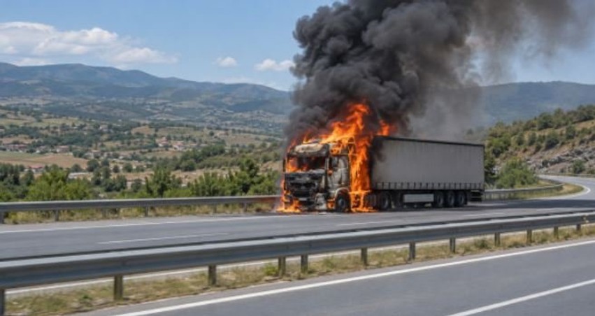 Kamioni përfshihet nga flakët pas një vetaksidenti në autostradën “Ibrahim Rugova”, flet Policia