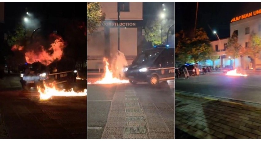 Tensionet në Tiranë: Protestuesit qëllojnë me molotov drejt mjeteve të policisë pas Muzeut Historik Kombëtar