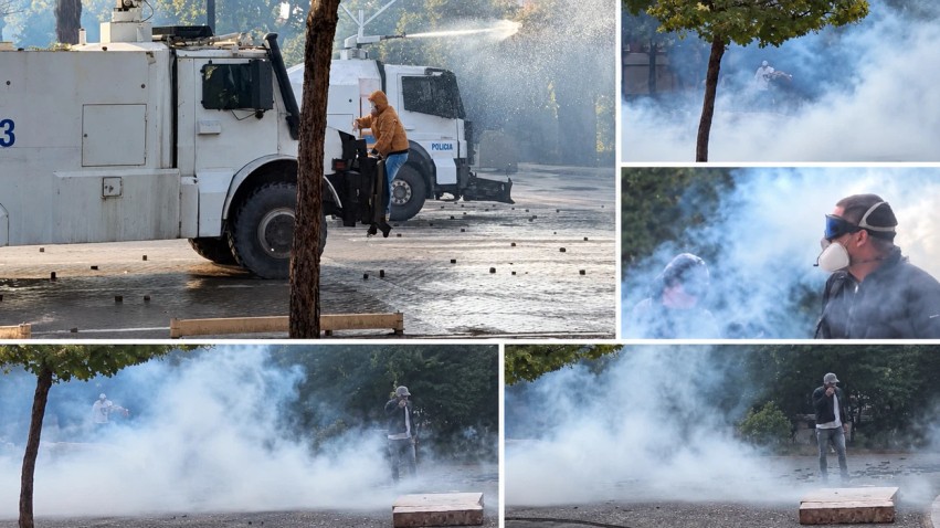 Tensionet në Tiranë: Përplasje të dhunshme mes protestuesve dhe policisë pranë Parkut Rinia, zona mbulohet nga gazmendësi lotsjellës